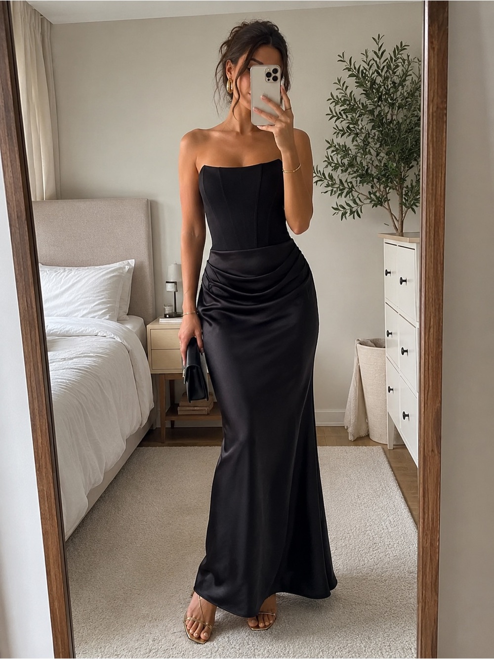 Betsy & Adam Elegant Formal Strapless Ruched Corset Detail Black Gown Size 8